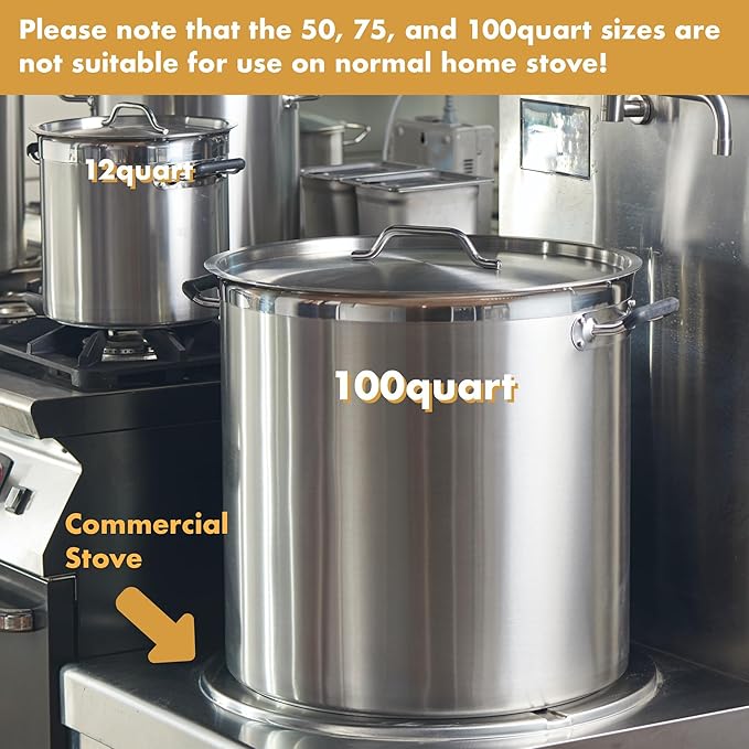 CURTA 100 Quart Large Stock Pot with Lid - Bottom Width 19.7 Inches - NSF Listed 3-Ply Clad Base 18/8 Stainless Steel Commercial Induction Ready Cookware