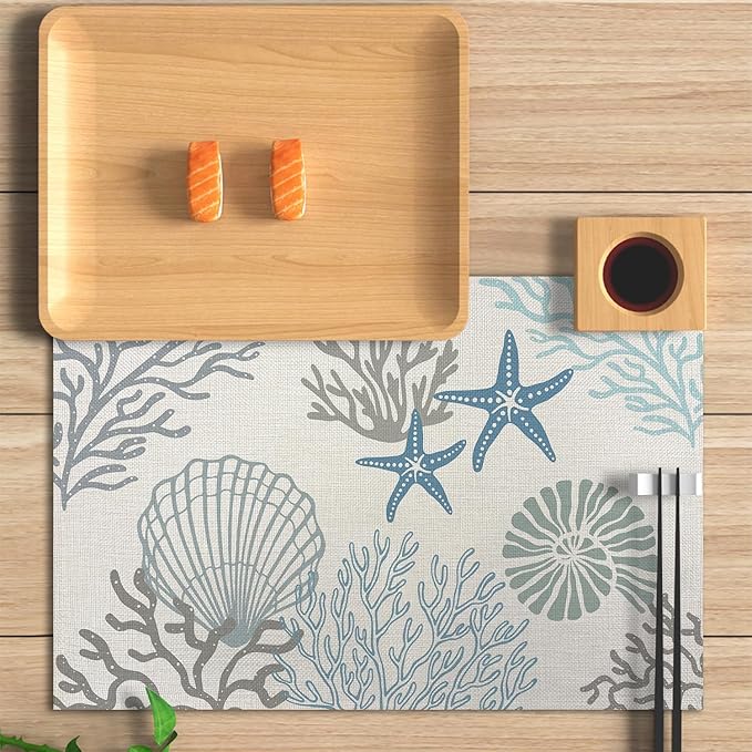 Coastal Placemats Starfish Beach Theme Ocean Seashell WashableTablemats Resistant Place Mats Kitchen Decor Dining Decoration for Party, Nautical Placemats Set of 4-13