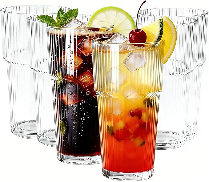 Etolies 6 Pack Ribbed Glass Tumblers, 18oz Glass Cups, Highball Glasses,Clear Glassware, Drinking Glasses for Iced Coffee, Water, Juice,Cocktails, Barware,Beer, Iced Tea & Gifts for Dad