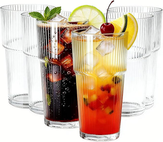 Etolies 6 Pack Ribbed Glass Tumblers, 18oz Glass Cups, Highball Glasses,Clear Glassware, Drinking Glasses for Iced Coffee, Water, Juice,Cocktails, Barware,Beer, Iced Tea & Gifts for Dad