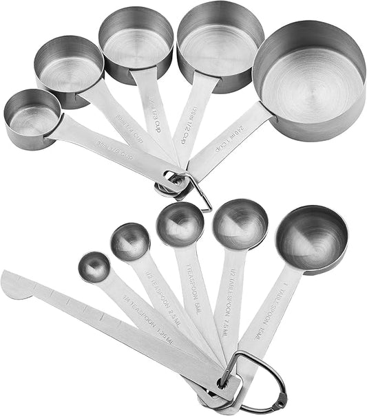 Smithcraft Stainless Steel Measuring Cups and Spoons Set, 18/8(304) Steel Material Heavy Duty 5 Measuring cups and 5 Measuring Spoons 1 Leveler and 2 rings Pack 13pcs Per set