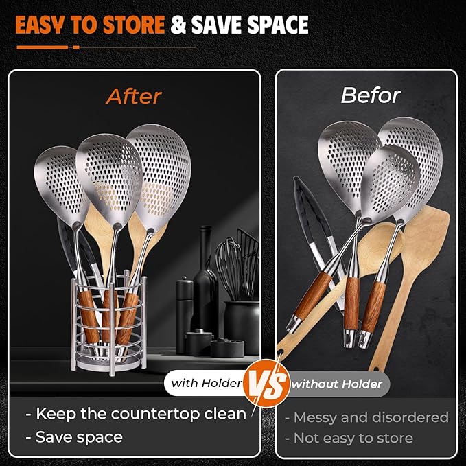 MARTE Skimmer Slotted Spoon Set of 4 - Kitchen Pasta Strainer Spoon - Spider Strainer Skimmer Ladle Spoon with Holder for Cooking and Frying Food, Spaghetti, Vegetable, Dumpling - 14.8In,16.5In,17In