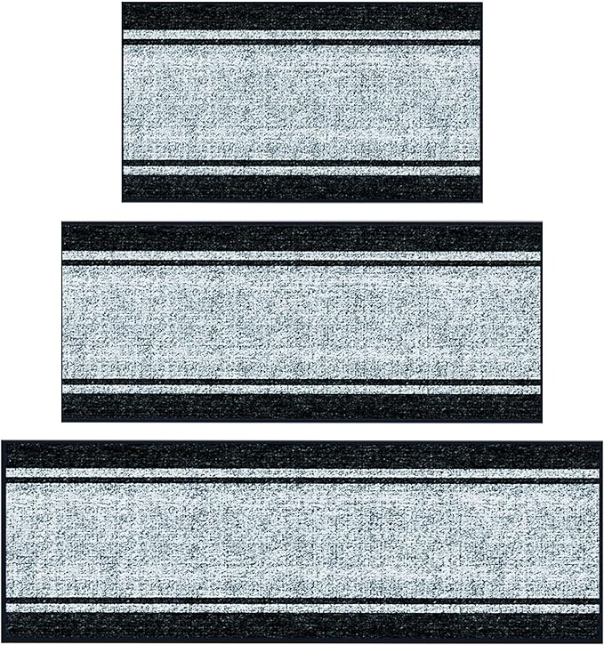 Ottomanson 3-Piece Kitchen Rug Set - Non Slip Runner & Washable Mat - 1'11" x 3' + 1'11" x 4' + 1'11"' x 5' - Durable, Stain Resistant for Entryway, Bedroom and Bathroom, Border Gray