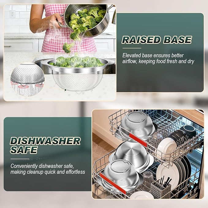Stainless Steel Colanders with Mixing Bowl - 2.0QT & 2.0QT Strainer and Colander with Handle, 3.0QT Nesting Kitchen Bowl with Colander For Pasta, Vegetables, Fruit, Rice