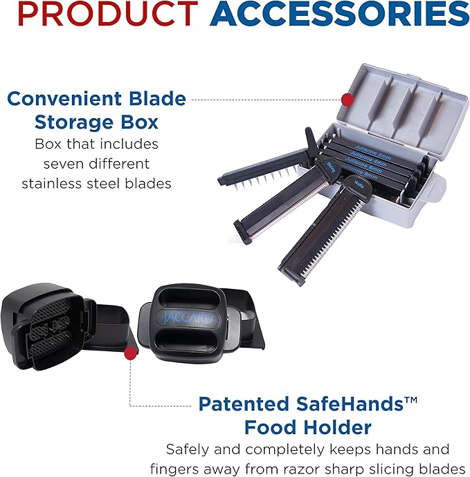 Jaccard Stainless Steel SafeHands Mandolin Slicer, Food Chopper, Compact Vegetable Chopper with Seven Interchangeable Blade Cartridges, Easy to Use and Store, Dishwasher-Safe