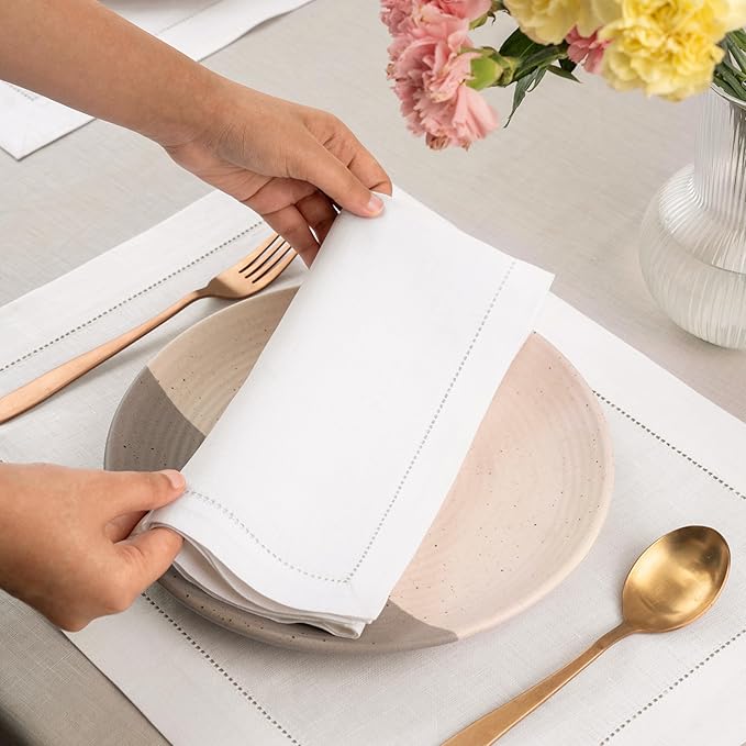 D'Moksha Homes White Linen Napkins Set of 8 - Classic Hemstitch 100% Pure Linen Hemstitch Dinner Napkins 20 x 20 Inch for Valentines, Spring, Easter - Handcrafted and Machine Washable