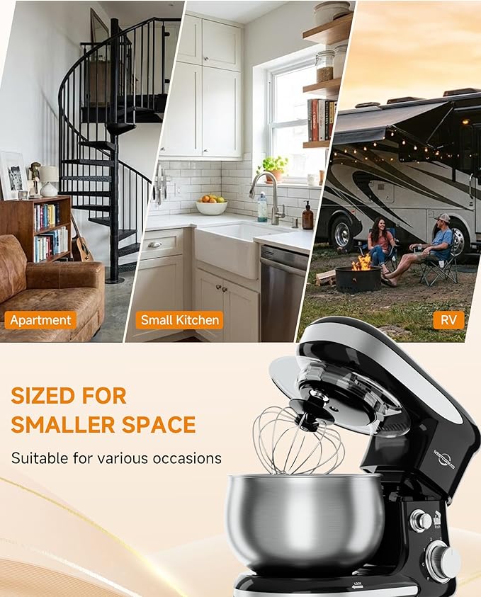 Stand Mixer, 3.4QT Tilt-Head Small Stand Mixers, 6+P Speed Kitchen Mixer for Daily Use with Egg Whisk, Dough Hook, Flat Beater, Bread Dough Mixer for Baking (Black)
