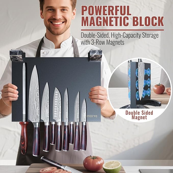Black Knife Set With Block - 8 Pieces High Carbon Stainless Steel Magnetic Knife Set with Sharpener, Ultra Sharp Kitchen Knives Sets for Cooking with Ergonomic Handle