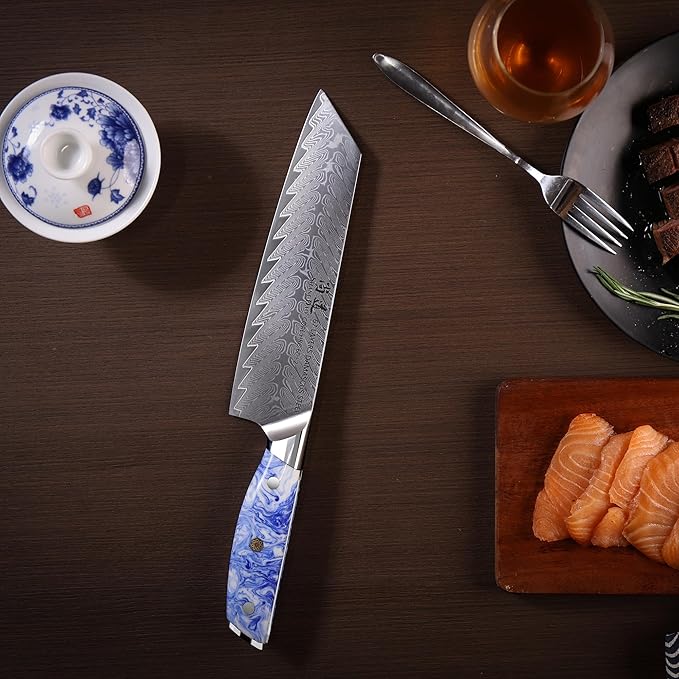 SHANGDAO 8 Inch Kiritsuke Chef Knife, Kitchen Slicing Knife Forged Damascus Steel with Blue and White Resin Handle - Full Tang - HUA Series
