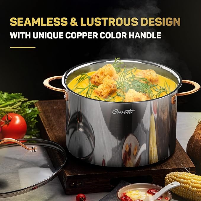 Ciwete Stock Pot 12 Quart, 18/10 Tri-Ply Stainless Steel All Clad Stock Pot with Lid, Seamless 12 QT Cooking Pot with Copper Handle, Healthy Stockpots, Induction, Gas, Oven and Dishwasher Safe