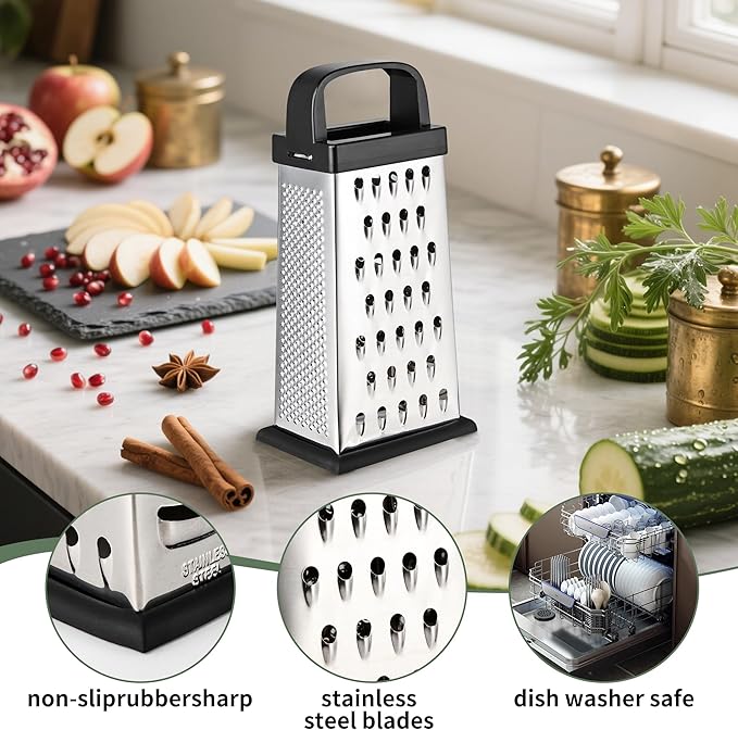 Cheese Grater, 8 IN Size 4-Sided Stainless Steel Grater, Food Shredder for Cheese, Parmesan, Vegetable, Dishwasher Safe, Black