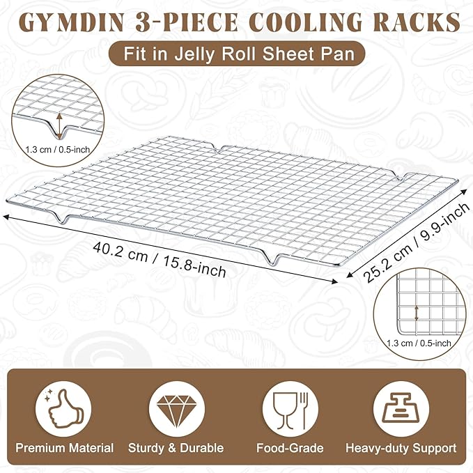 Gymdin Cooling Racks for Cooking and Baking - 3PCS 16" x 10" Premium Stainless Steel Wire Cookie Cooling Rack for Baking, Roasting, and More - Oven & Dishwasher Safe - Fits Jelly Roll Pan