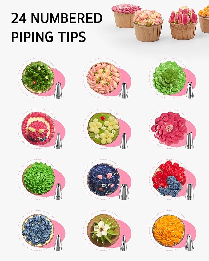 Syntus 65 PCs Cake Decorating Kit with Cake Stand Turntable, Cake Baking Supplies 30+1 Piping Bags, 24 Piping Tips, Offset & Straight Spatulas, 3 Scrapers, Leveler, 2 Couplers & 1 Tips Brush