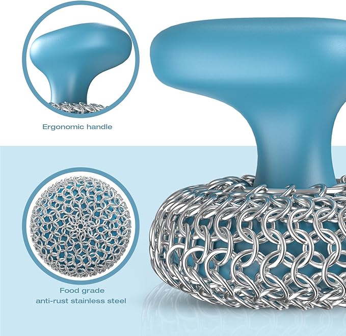 Purgreat Cast Iron Scrubber | Dish Scrub Brush | 316 Cast Iron Cleaner Chainmail Scrubber for Pan Skillet Cleaner - Blue