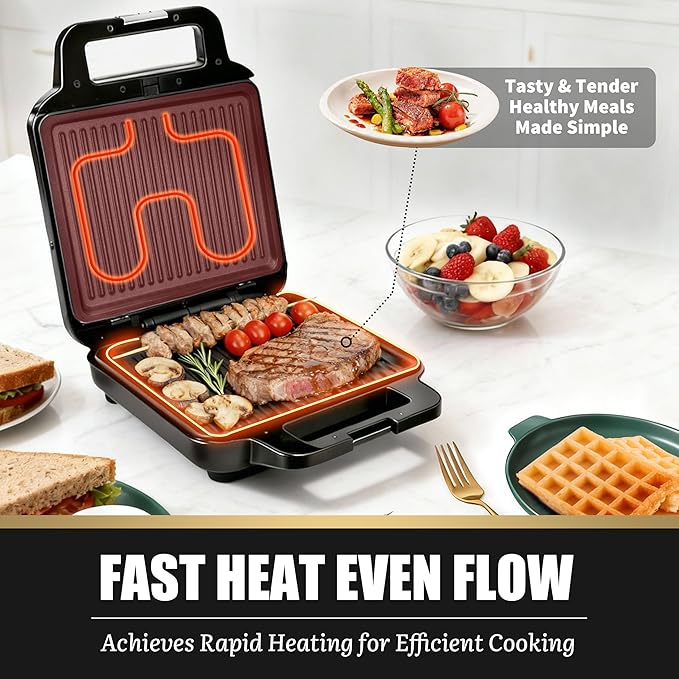 3 in 1 Panini Grill Press with 3 Removable Plates, Breakfast Sandwich Maker, Electric Griddle Panini Press, Grilled Cheese Maker, Sandwichera Electrica, Belgian Waffle Maker