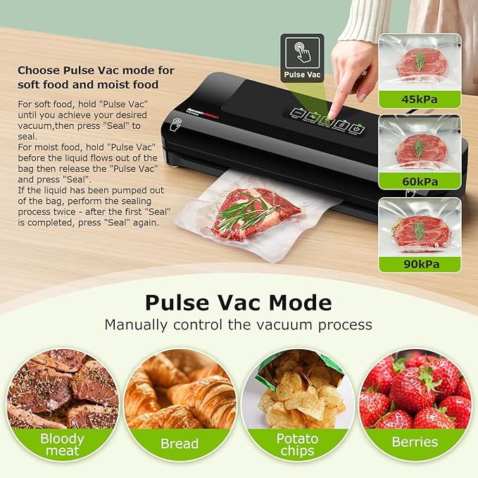 Bonsenkitchen Vacuum Sealer, Multi-Functional Food Sealer with 5 Vacuum Bags, Fast-Compact Design,External Vacuum System & Accessory Tube, Black