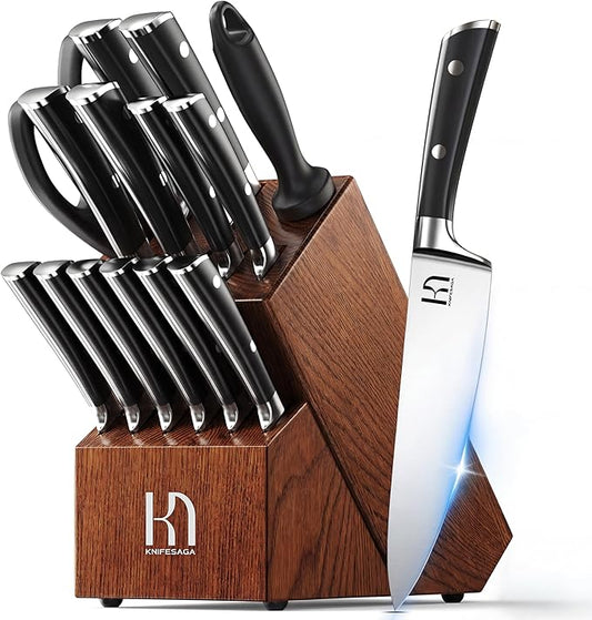 Knife Set, 15 Pcs Kitchen Knife Block Set, Enduring Razor-Sharp Japanese High Carbon Stainless Steel Chef Knife Set with Block and Sharpener, Premium Knives Set for Kitchen, Brown Ash Wood