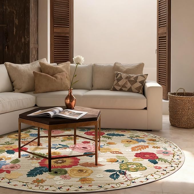 4x4 Round Bedroom Rug Washable: Round AreaRug Stain Resistant Floral Rug Non Slip Low Pile Small Carpet for Bedroom Kitchen Entryway Living Room Bedside Office Dorm Kids Room Entrance
