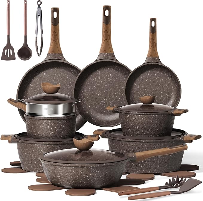 CAROTE Non Stick Frying Pan Skillet Set, Omelet Pan, Healthy Non Toxic Granite Chef Pan, Induction Compatible Egg Frying Pan with Heat-Resistant Handle, PFOA-Free,Brown,9.5"+11"