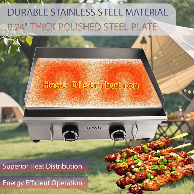 2800Pa 22" x 13.4" Stainless Steel Commercial Home Gas Grill Griddle, LPG Countertop Flat Top Grill with 6MM Thick Steel Plate, Ideal for Camping, Outdoor and Kitchen Use