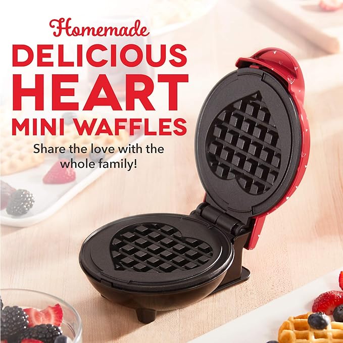 Dash Mini Waffle Maker- Electric Waffle Maker for Fun Breakfasts - Dual Nonstick Cooking Surface - Enjoy Fun, Family-Friendly Treats - Red Love Heart