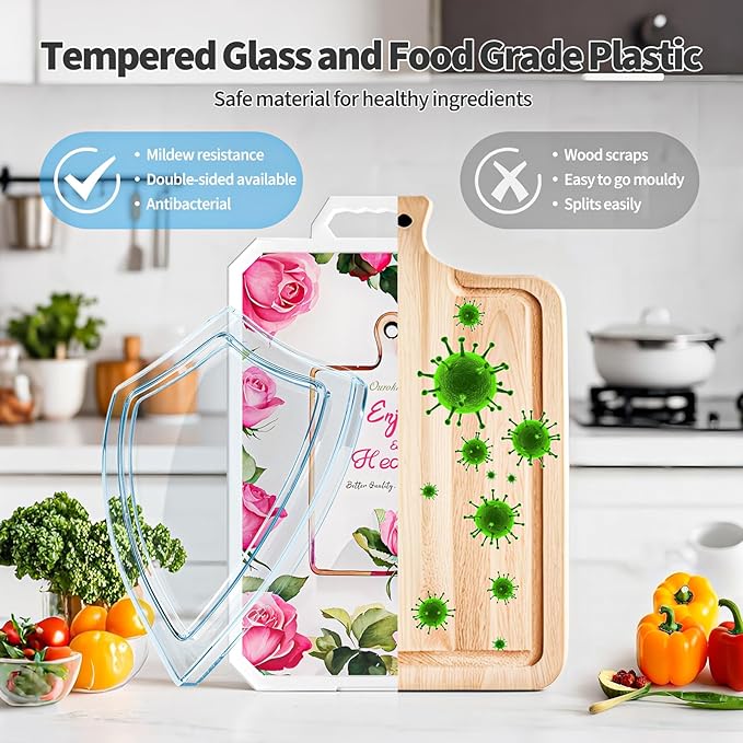 Ourokhome Cutting Board for Kitchen, Tempered Glass Cutting Board Double Sided Food Grade for Chopping Meat, Vegetables, Fruits, Cheese, Knife Friendly with Handles and Knife Sharpener, Red