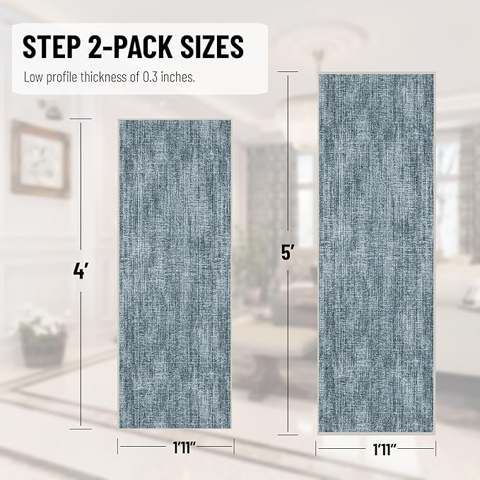 Ottomanson 2-Piece Kitchen Rug Set - Non Slip Runner & Washable Mat - 1'11" x 4' + 1'11"' x 5' - Durable, Stain Resistant for Entryway, Bedroom and Bathroom, Solid Greyish Blue