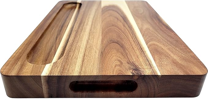 Acacia Wood 16 x 12 x 1.5 inch Thick (40.5 x 30.5 x 4cm) Extra-Large Cutting Board Juice Groove Hand Grips Dark Edge Grain Wooden Butcher Block Chopping Cheese Plate Server Deluxe Birthday Gift