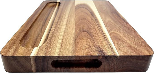 Acacia Wood 16 x 12 x 1.5 inch Thick (40.5 x 30.5 x 4cm) Extra-Large Cutting Board Juice Groove Hand Grips Dark Edge Grain Wooden Butcher Block Chopping Cheese Plate Server Deluxe Birthday Gift