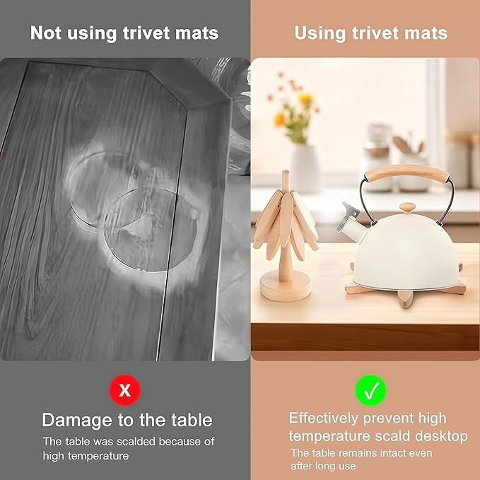 Foldable Kitchen Wooden Trivet Wooden Trivets for Hot Dishes, Tree Shape Trivet Set, 4 Walnut Wood 1 Stand stored Like a Christmas Tree,for Hot Pot Holder, Teapot, Bowl, Hot Dishes (Beech Wood)