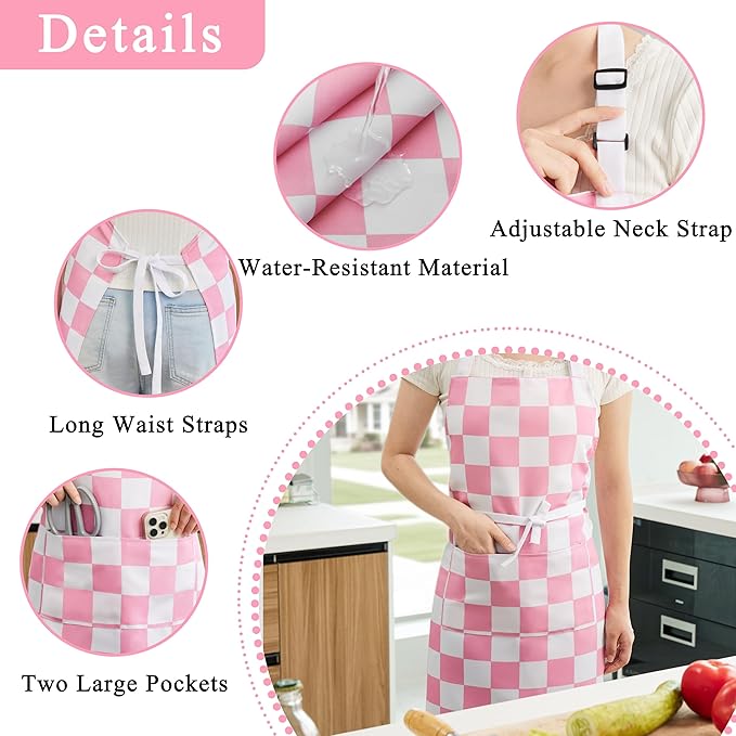 2 Pack Checkered Kitchen Apron, Pink Checkerboard Aprons for Women with Pockets Cute Aesthetic Trendy, Chef Apron for Men, Waterproof Aprons for Cooking