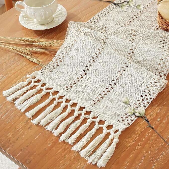 Macrame Table Runner Cream Beige Boho Table Runners with Tassels 48 Inches Long, Rustic Farmhouse Table Runners for Living Room Bridal Shower(12x48in)