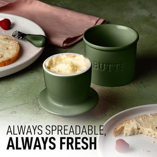 Zulay Kitchen Bell Shaped Butter Crock with Lid for Countertop with Water Line & Spreader Knife, Ceramic French Butter Dish Keeper For Fresh, Soft & Spreadable Butter - Jade