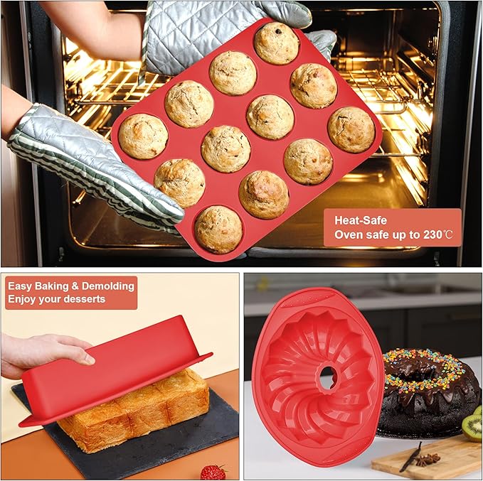 Aschef 9in1 Nonstick Silicone Baking Bundt Cake Pan Cookie Sheet Molds Tray Set for Oven, BPA Free Heat Resistant Bakeware Tools Kit for Muffin Loaf Bread Pizza Cheesecake Cupcake Pie Utensils, Red