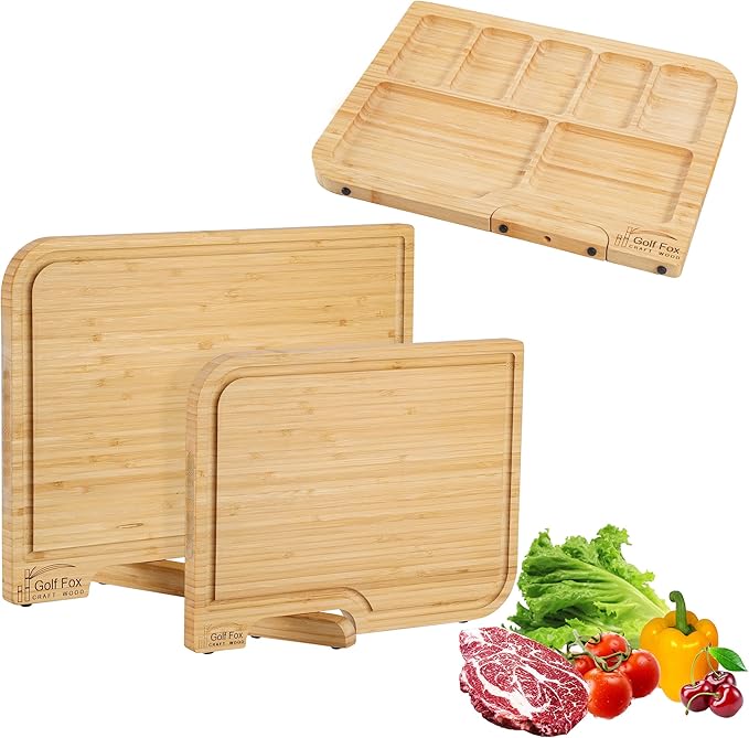 2-PCS Bamboo Cutting Board Set with Innovative Stand - Durable Double Sided Chopping Board with Juice Groove & Handle for Meal Prep, Meat, Fruit, Charcuterie Serving, Eco-Friendly Healthy Kitchen Gift