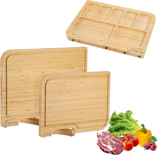 2-PCS Bamboo Cutting Board Set with Innovative Stand - Durable Double Sided Chopping Board with Juice Groove & Handle for Meal Prep, Meat, Fruit, Charcuterie Serving, Eco-Friendly Healthy Kitchen Gift