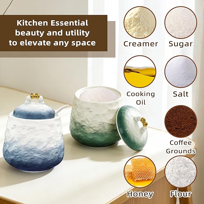 Ceramic Sugar Bowl with Lid and Spoon,12oz Sugar Bowl with Gradient Texture, Sugar Container with Lid and Spoon Sugar Jar for Coffee Station Accessories,Dishwasher & Microwave Safe,Green