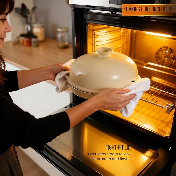 Kook Bread Oven, with Lid and Handles, Enameled Cast Iron Pan and Ceramic Lid, For Baking, Cooking, Roasting and more, Ivory
