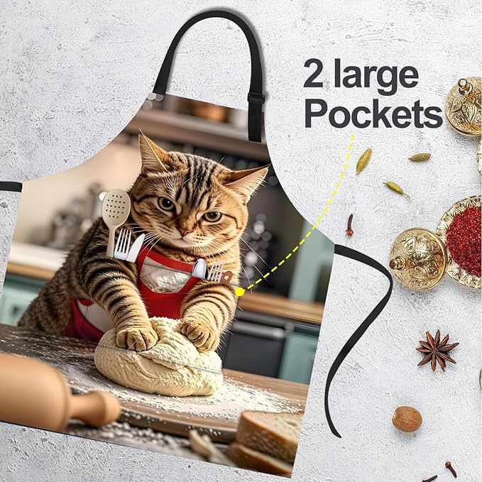 Funny Cat Apron with 2 Pockets Waterproof for Men Women Kitchen Garden Decor