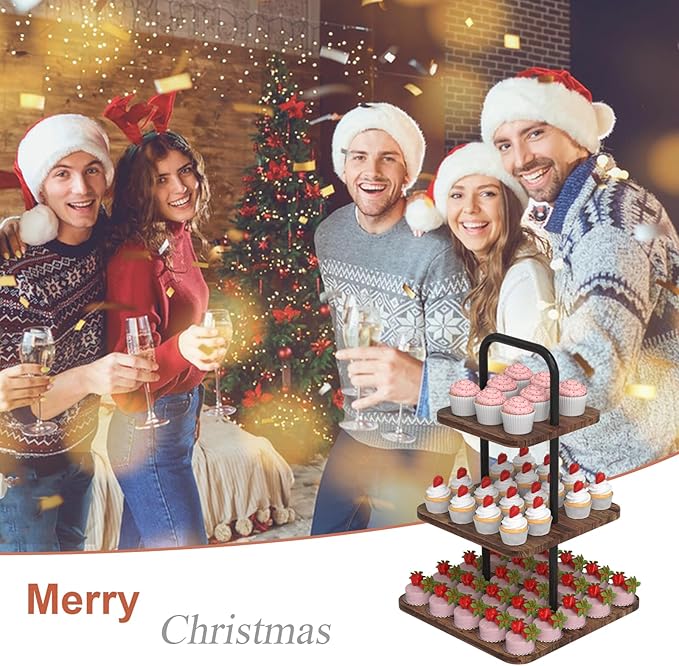 Cupcake Stand, 3-Tier Dessert Stand for 32 Cupcakes, Wood & Metal Tower Display Premium Holder Dessert Tree Tower for Christmas Birthday Weddings Party Decor, Serving Tray, Wood Brown
