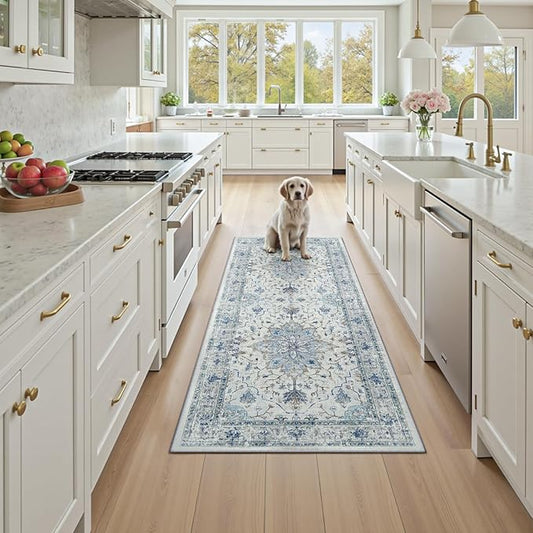 Area Rugs 3'x8' Runner Rug Non Slip Washable for Kitchen Hallway Bedroom Beside Laundry Room Bathroom Rug, Floor Carpet, Light Blue Navy Beige Gray White