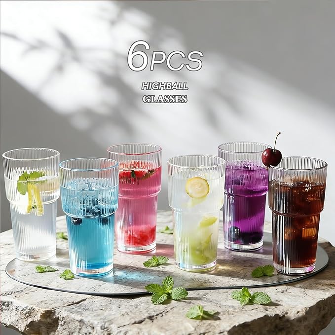 Etolies 6 Pack Ribbed Glass Tumblers, 18oz Glass Cups, Highball Glasses,Clear Glassware, Drinking Glasses for Iced Coffee, Water, Juice,Cocktails, Barware,Beer, Iced Tea & Gifts for Dad