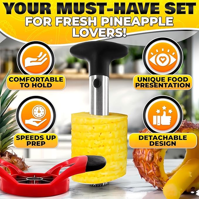 Pineapple Corer and Slicer Tool – Stainless Steel Pineapple Peeler Tool with Reinforced Thick Blade for Effortless Slicing – Core Remover and Cutter for Diced Fresh Rings, Black Handle, Easy to Clean