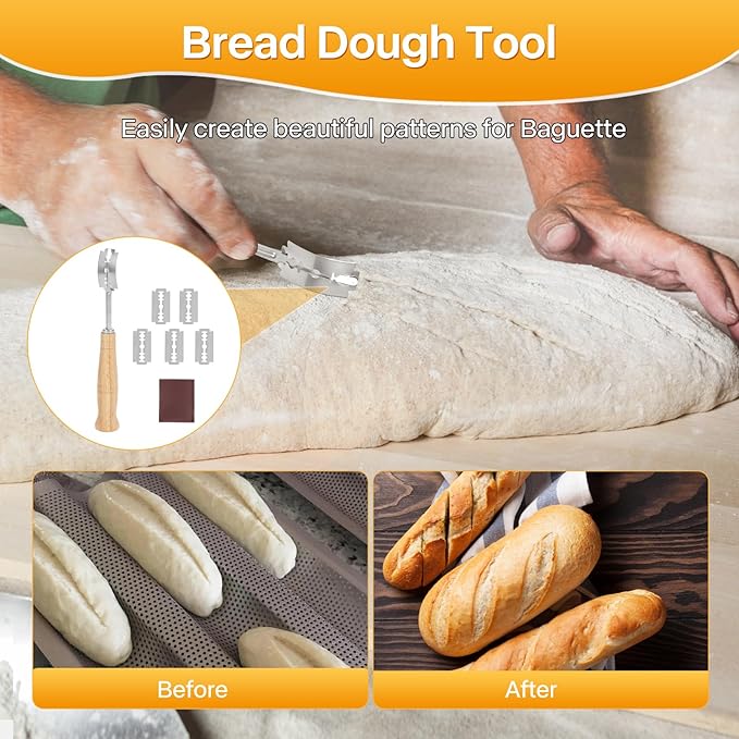 Barlket Baguette Bread Pan, Perforated French Bread Pan, Nonstick Bread Pans for Baking, with Baguette Kit – Includes Proofing Cloth & Dough Cutter, 15x11 Inch Gold, 3 Loaf