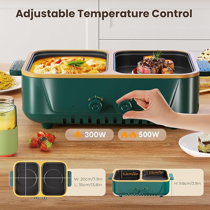 2-in-1 Electric Hot Pot and Grill Combo,1000W Dual Temper Control, Fast Heating - Indoor Cooking Appliance for BBQ, Steaks, Noodles & More - Suitable for Up to 4 People (Green T)
