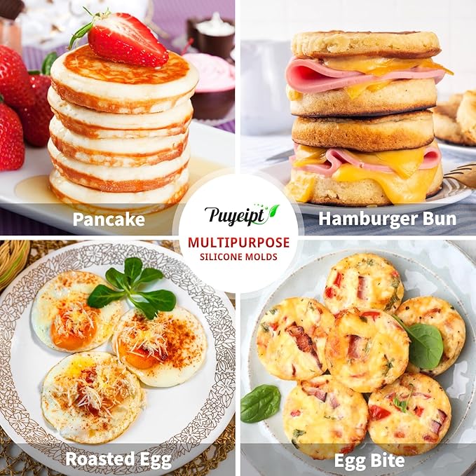Puyeipt 2 Pack Air Fryer Silicone Egg Molds, 4 Inch Jumbo Round Muffin Top Pans for Breakfast Sandwiches, Egg Bites, Hamburger Buns, Tart, Pancake