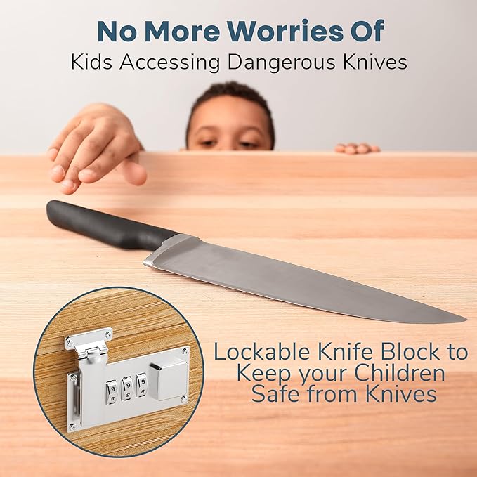 Upgraded Combination Lock Bamboo Locking Kitchen Knife Storage – Secure & Eco-Friendly Wooden Knife Box with Improved Quality, Fits in Drawers & Keeps Knives Safe