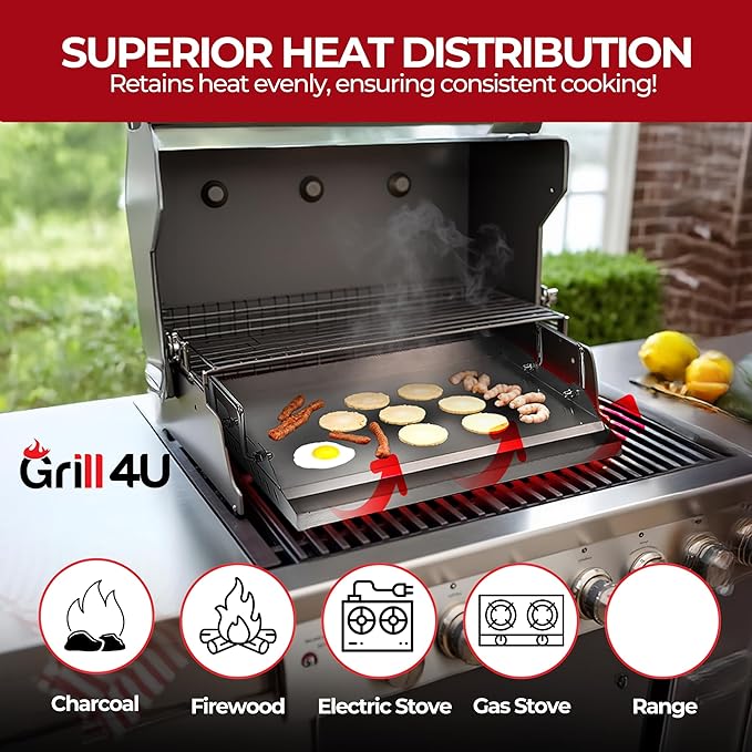Universal Griddle for Gas Grill, 17" x 13" x 2.6" | Stainless Steel Griddle Pan for Breakfast & BBQ, Nonstick Flat-Top with Even Heat Distribution & Grease Groove - Ideal for Outdoor Cooking & Camping