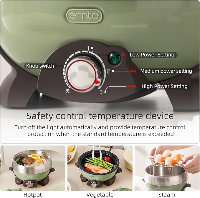 1L Portable Electric Hot Pot, All-in-One Mini Cooker (Steam/Boil/Fry) with 304 Stainless Steel Pot for Camping/Travel/Dorm, Non-Stick Pan for Cooking for 1 Person, FDA Certification