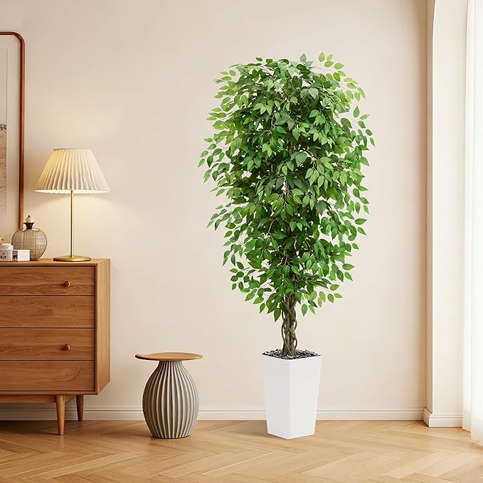 Artificial Ficus Tree 6FT Faux Plants Indoor Tall Fake Plants with White Planter, Green Lifelike Lush Fake Ficus Tree for Home Living Room Bedroom Outdoor Balcony House Office Decor